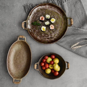 日式粗陶手作餐盘 创意双耳盘子 复古大号陶瓷日用餐具长盘水果盘