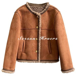 法国Sessun Hrners复古高级感羊羔毛外套女冬麂皮夹克焦糖色上衣