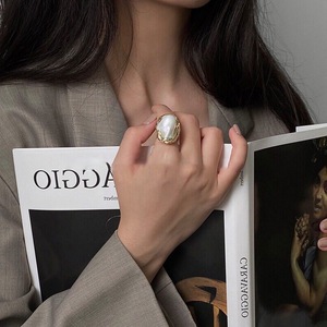 韩国不规则几何珍珠开口戒指时尚小众设计感指环高级百搭气质手饰