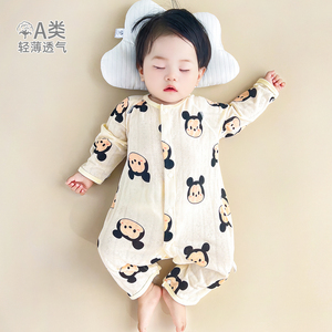 新生婴儿夏季衣服长袖薄款睡衣空调服无骨透气超萌宝宝外出连体衣