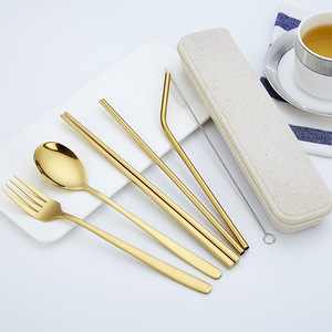 304不锈钢韩式餐具叉勺筷子吸管七件套装镀钛便携式带小麦收纳盒