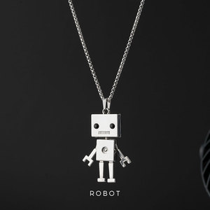 合金蹦迪盒子可爱机器人可活动四肢复古钛钢项链男女潮小众毛衣链