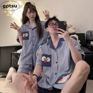 日本GPTSU纯棉情侣睡衣女夏季卡通机器猫蓝色短袖套装男士家居服