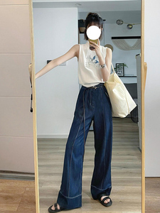 临典蓝色牛仔裤女2024夏季新款法式复古高腰显瘦宽松直筒阔腿裤子