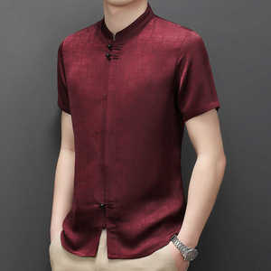 中国风红色立领短袖衬衫男士唐装印花衬衣男禅意休闲夏季薄款寸衫