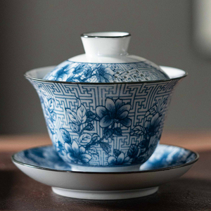 青花盖碗单个陶瓷大号茶碗景德镇天地人盖碗大容量家用泡茶器