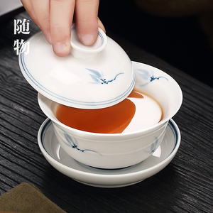 青花瓷白瓷飘花盖碗茶杯功夫茶具不烫手三才泡茶碗单个景德镇陶瓷