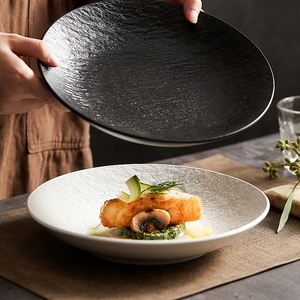 餐盘日式家用深盘陶瓷沙拉碗创意汤盘白色岩石菜盘高级感盘子餐具