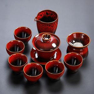 茶具套装陶瓷家用办公简约个性红绿色渐变泡茶壶盖碗茶杯窑变豹纹