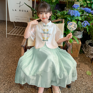 韩国XT品牌正品汉服女童连衣裙中式国风夏装2024新款儿童裙子套装