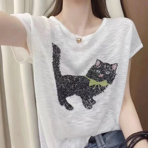 可爱减龄猫咪印花撞色短袖t恤女夏季宽松休闲圆领套头冰麻针织衫
