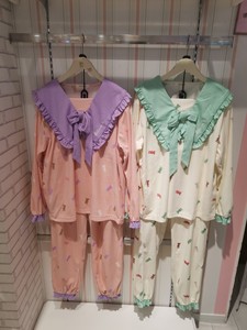 趣趣安娜专柜正品2021秋季新款蝴蝶结粉色米色套装睡衣家居服