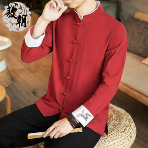 中式改良唐装亚麻长袖衬衫男中国风红色盘扣衬衣复古仙鹤刺绣外套