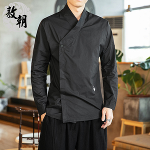 古风汉服中衣中国风男装仙鹤刺绣纯色长袖男士衬衫交领高级感衬衣