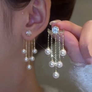 韩版高级感珍珠流苏耳环时尚气质小众设计感复古网红耳坠两戴款