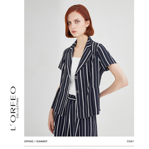 L'ORFEO/奥菲欧夏季新款两粒扣短袖抽褶兰白条散摆显瘦商务上衣女