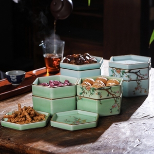 中国风创意仿古影青陶瓷干果盒小吃茶点盘景德镇珐琅彩收纳盒家用