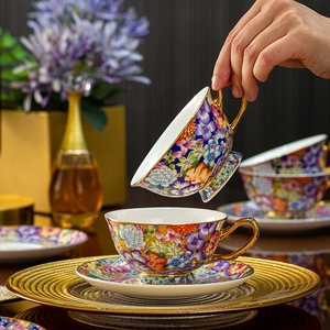 珐琅彩陶瓷咖啡杯碟套装家用景德镇骨瓷女士精致下午茶英式万花杯