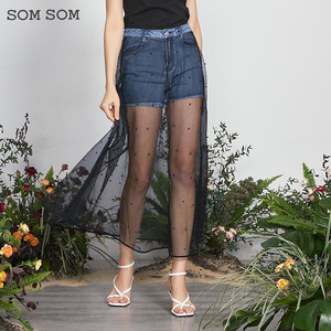 SOMSOM/索玛2023夏季新款半身裙女牛仔拼接短裤假两件网纱裙12386