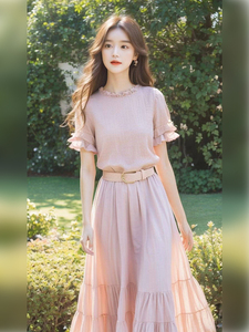 法式长裙高端精致超好看气质绝美粉色荷叶袖连衣裙女2024夏季新款