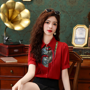 新中式龙年红色短袖衬衫女装夏装新款设计感翻领国风盘扣流行上衣