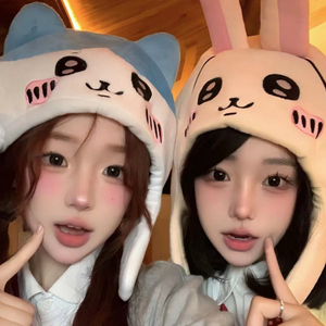 日本甜妹可爱猫咪套头帽少女显脸小学生呆萌兔子毛绒玩偶帽子保暖