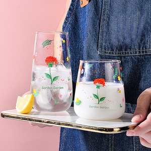 北欧风花园玻璃杯原创耐热水杯小清新冷饮杯子创意家用花茶果汁杯