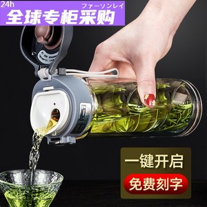日本购玻璃杯双层水杯便携男女家用隔热弹跳杯盖带滤网茶杯刻