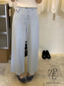 Ze Pe韩系设计感高腰口袋天丝牛仔裤小个子百搭直筒阔腿长裤女
