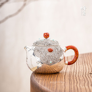 蜂鸟工坊出口系列 花丝镶嵌纯银银壶泡茶壶中式茶具一张打工艺