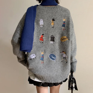 【现货】趣味设计小众灰色毛衣女慵懒风宽松卡通重工刺绣针织上衣