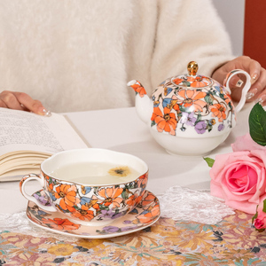 桔梗与格桑花高骨瓷花形子母壶花茶壶陶瓷杯叠壶英式下午茶茶具