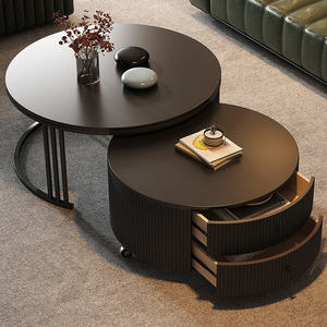 岩板茶几客厅家用2024新款轻奢现代简约小户型高级黑色圆形茶几桌