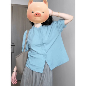 日系复古圆领蓝色衬衫女夏季设计感气质压褶荷叶边上衣短袖衬衣