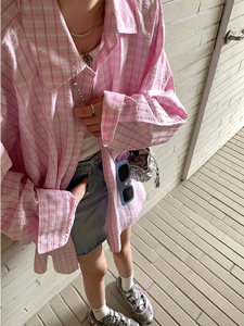 韩版宽松慵懒格子防晒衬衫女设计感小众清新薄款长袖衬衣外套开衫