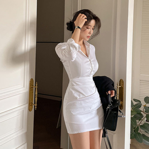 韩国东大门女装秋冬新款甜美法式性感修身连身裙温柔白色衬衫短裙