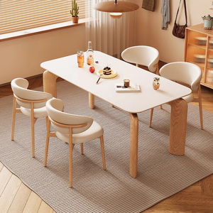 原木奶油风大象腿餐桌现代简约小户型家用长方形实木岩板餐桌椅子