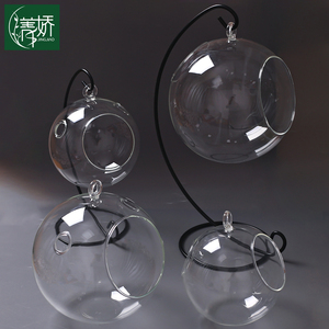侧双孔口悬挂吊瓶透明平底球形玻璃花瓶微景观多肉植物盆支架器皿
