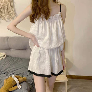 维多利亚睡衣女款夏季韩版纯棉短袖性感吊带白色纯御风家居服套装