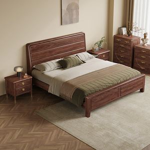 黑胡桃木现代简约实木床北欧风卧室家具双人床简约储物床家用大床