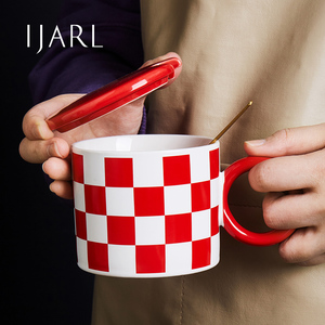 亿嘉陶瓷马克杯带盖带勺大容量创意咖啡杯情侣杯牛奶杯办公室水杯