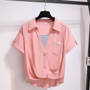 粉色假两件衬衫女士夏季新款减龄时髦衬衣小个子短袖上衣大码女装