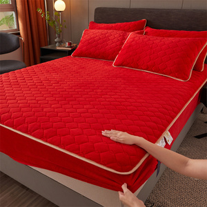 婚庆大红色结婚夹棉单件床笠套珊瑚绒出嫁加厚席梦思床垫保护床罩