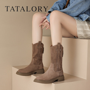TATA LORY女靴子秋冬季磨砂中筒靴法式西部牛仔靴小个子平底短靴