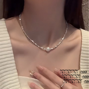 S999纯银碎银几两珍珠项链女几何锁骨链天然颈链送女友情人节礼物