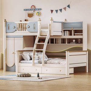 上下床儿童床交错式带衣柜组合双层高低子母床全实木两层床上下铺