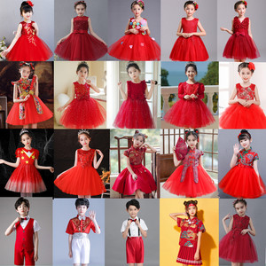 六一儿童演出服女童红色蓬蓬纱裙小学生合唱中国风喜庆舞蹈演出服