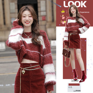 今年流行跨年新年红色毛衣女秋冬装高级感超好看绝美短款针织上衣