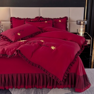 轻奢水洗磨毛纯色刺绣被套四件套床单被罩花边床裙双人家用1.8m床