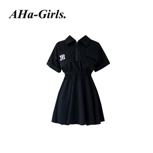 黑色工装风宽松连衣裙女夏季刺绣冷淡风复古高腰短袖衬衫裙